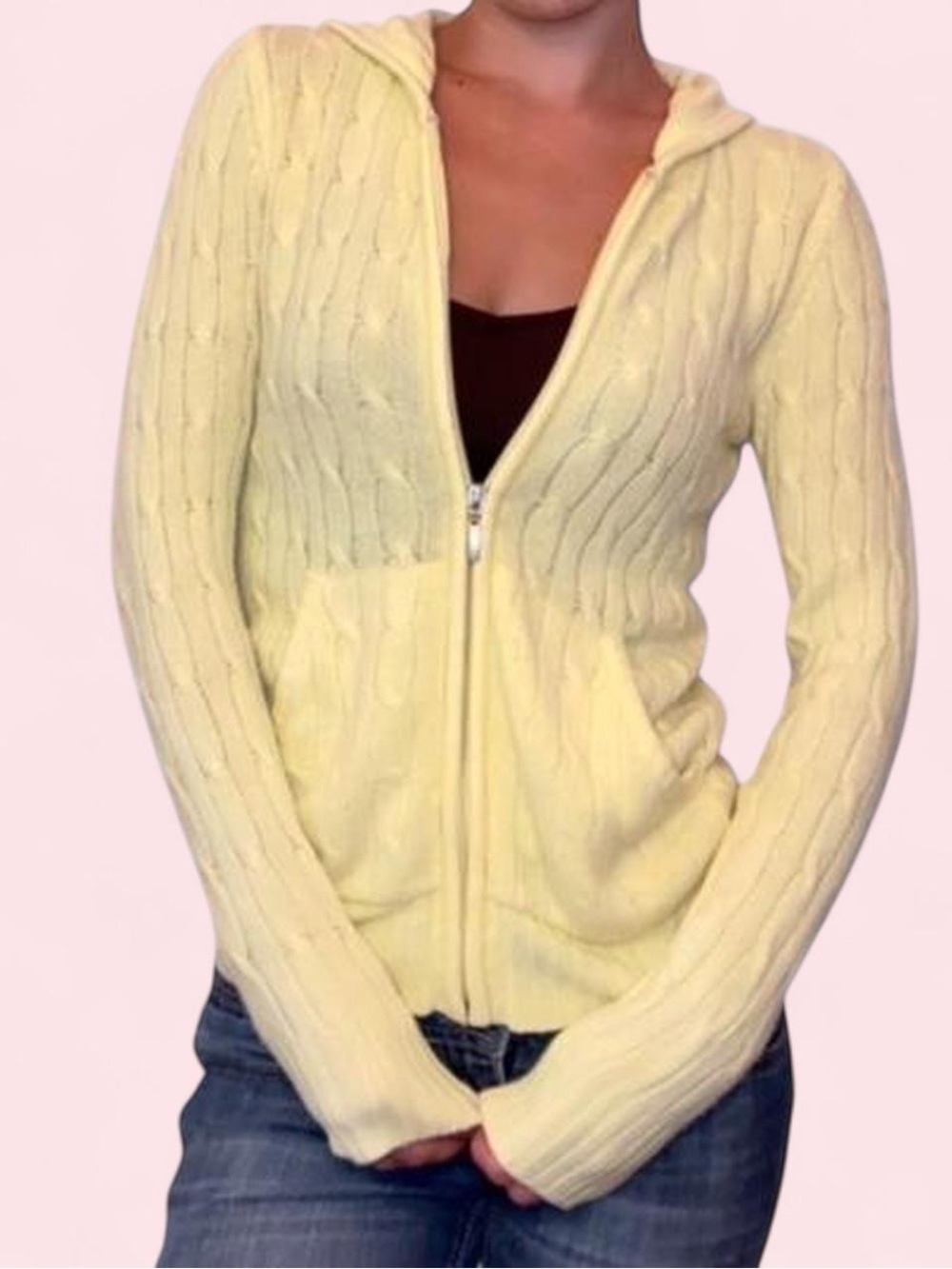 Y2K New York & Company Yellow Cable Knit Zip-Up Hoodie